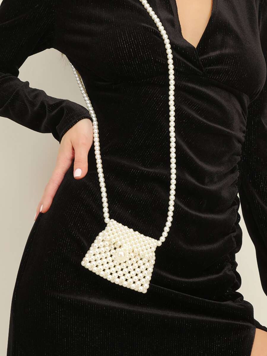 迷你珍珠串珠斜挎包 - 白色 - 查看 1