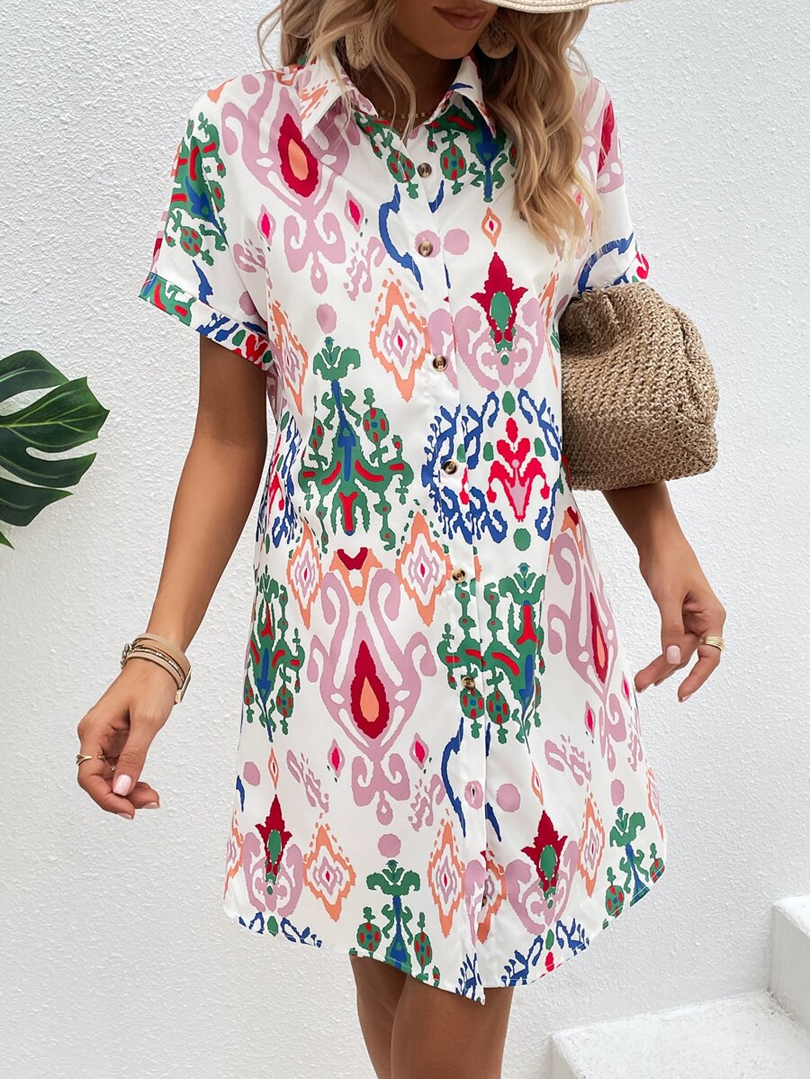 SHEIN VCAY 滿版印花蝙蝠袖襯衫洋裝