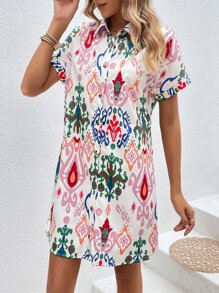 SHEIN VCAY 滿版印花蝙蝠袖襯衫洋裝