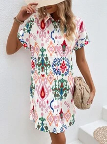 SHEIN VCAY 滿版印花蝙蝠袖襯衫洋裝