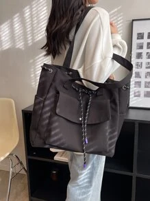 Chi tiết dây rút Túi phía trước Túi mua hàng Túi đi học dành cho sinh viên tốt nghiệp, cô gái tuổi teen, sinh viên năm nhất, sinh viên năm hai, trung học cơ sở và trung học phổ thông, đại học và trung học phổ thông, hoàn hảo cho hoạt động ngoài trời, du lịch và quay lại trường học - màu đen - Xem 4