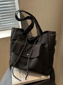 Chi tiết dây rút Túi phía trước Túi mua hàng Túi đi học dành cho sinh viên tốt nghiệp, cô gái tuổi teen, sinh viên năm nhất, sinh viên năm hai, trung học cơ sở và trung học phổ thông, đại học và trung học phổ thông, hoàn hảo cho hoạt động ngoài trời, du lịch và quay lại trường học - màu đen - Xem 5