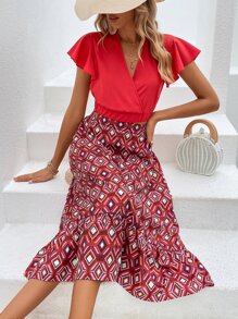 SHEIN VCAY de manga mariposa Top & con estampado geométrico bajo con fruncido Falda - Rojo - Ver 1