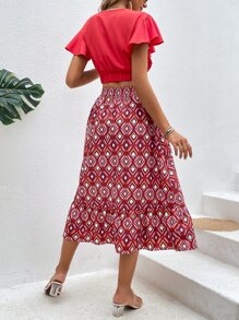 SHEIN VCAY de manga mariposa Top & con estampado geométrico bajo con fruncido Falda - Rojo - Ver 2