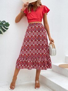 SHEIN VCAY de manga mariposa Top & con estampado geométrico bajo con fruncido Falda - Rojo - Ver 3