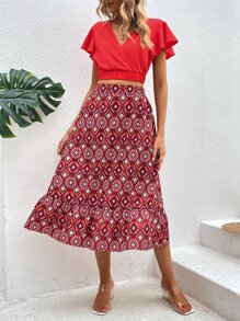 SHEIN VCAY de manga mariposa Top & con estampado geométrico bajo con fruncido Falda - Rojo - Ver 4