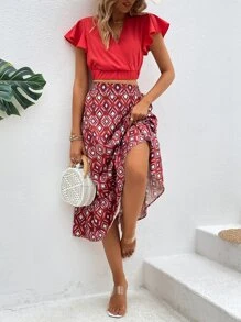 SHEIN VCAY de manga mariposa Top & con estampado geométrico bajo con fruncido Falda - Rojo - Ver 5