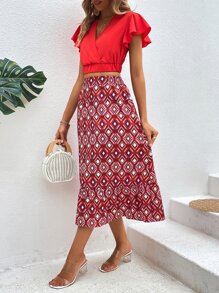 SHEIN VCAY de manga mariposa Top & con estampado geométrico bajo con fruncido Falda - Rojo - Ver 6