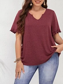 EMERY ROSE Áo thun Plus size Xù màu trơn Giải trí - Gỗ đỏ - Xem 5