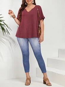 EMERY ROSE Áo thun Plus size Xù màu trơn Giải trí - Gỗ đỏ - Xem 3