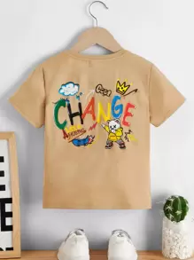 SHEIN 小男孩休閒圓領針織字母卡通小熊圖案短袖t卹 - 卡其色 - 查看 1