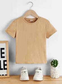 SHEIN 小男孩休閒圓領針織字母卡通小熊圖案短袖t卹 - 卡其色 - 查看 2