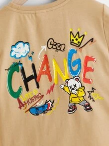 SHEIN 小男孩休閒圓領針織字母卡通小熊圖案短袖t卹 - 卡其色 - 查看 3