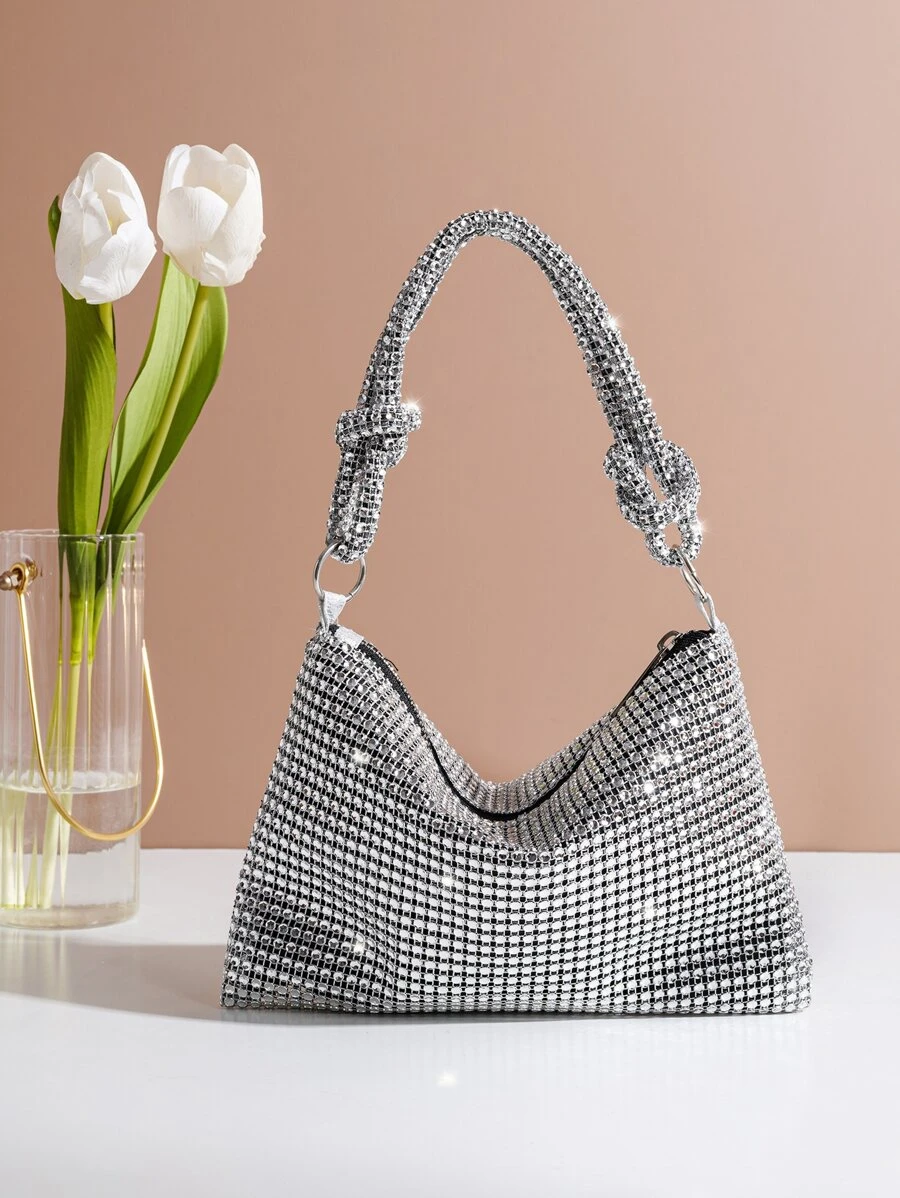 Rhinestone Decor Clutches Handbag, Portable Zipper Closure High-End Grey Clutch Purse, Elegant For Party & Gathering,Fashion & Versatile - Silver - View 1