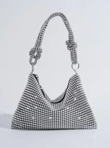 Rhinestone Decor Clutches Handbag, Portable Zipper Closure High-End Grey Clutch Purse, Elegant For Party & Gathering,Fashion & Versatile - Silver - View 2