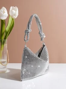 Rhinestone Decor Clutches Handbag, Portable Zipper Closure High-End Grey Clutch Purse, Elegant For Party & Gathering,Fashion & Versatile - Silver - View 4