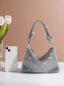 Rhinestone Decor Clutches Handbag, Portable Zipper Closure High-End Grey Clutch Purse, Elegant For Party & Gathering,Fashion & Versatile - Silver - View 6