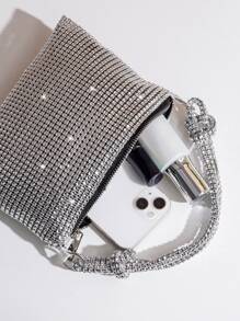 Rhinestone Decor Clutches Handbag, Portable Zipper Closure High-End Grey Clutch Purse, Elegant For Party & Gathering,Fashion & Versatile - Silver - View 7