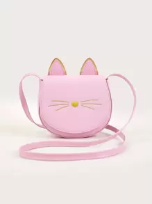 1入組粉色小貓PU皮革過蓋斜挎包，適合女孩日常使用