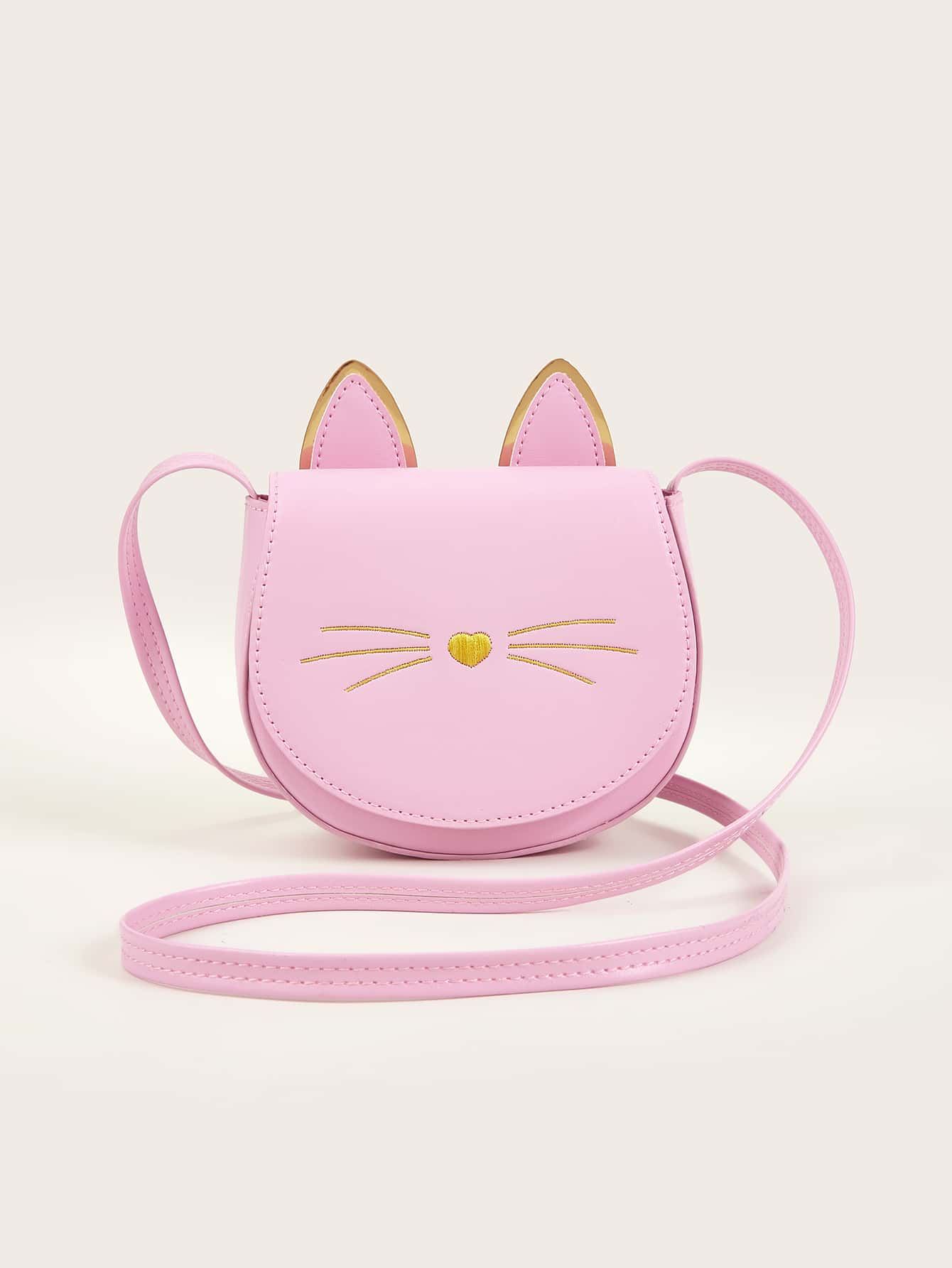 1入組粉色小貓PU皮革過蓋斜挎包，適合女孩日常使用