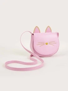 1入組粉色小貓PU皮革過蓋斜挎包，適合女孩日常使用