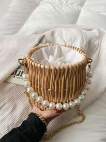 Bolso cubo mini con diseño de perla artificial - Caqui - Ver 1