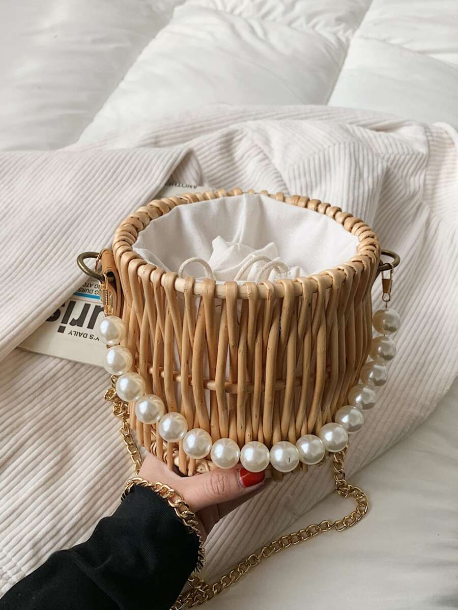 Bolso cubo mini con diseño de perla artificial - Caqui - Ver 1