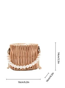 Bolso cubo mini con diseño de perla artificial - Caqui - Ver 2