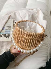 Bolso cubo mini con diseño de perla artificial - Caqui - Ver 3