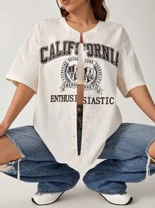 SHEIN EZwear Letter Graphic Drop Shoulder Shirt - Beige - View 1