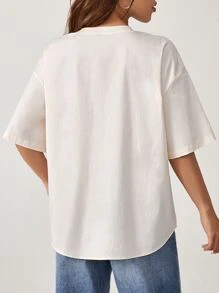 SHEIN EZwear Letter Graphic Drop Shoulder Shirt - Beige - View 2