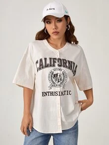 SHEIN EZwear Letter Graphic Drop Shoulder Shirt - Beige - View 3