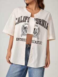 SHEIN EZwear Letter Graphic Drop Shoulder Shirt - Beige - View 4