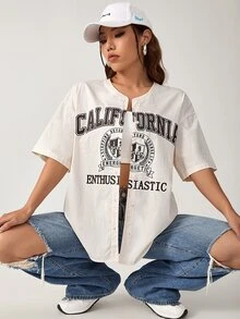 SHEIN EZwear Letter Graphic Drop Shoulder Shirt - Beige - View 5