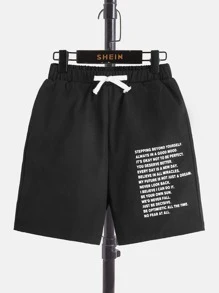 SHEIN Quần Short Trai Dây kéo Túi Slogan Giải trí - màu đen - Xem 1