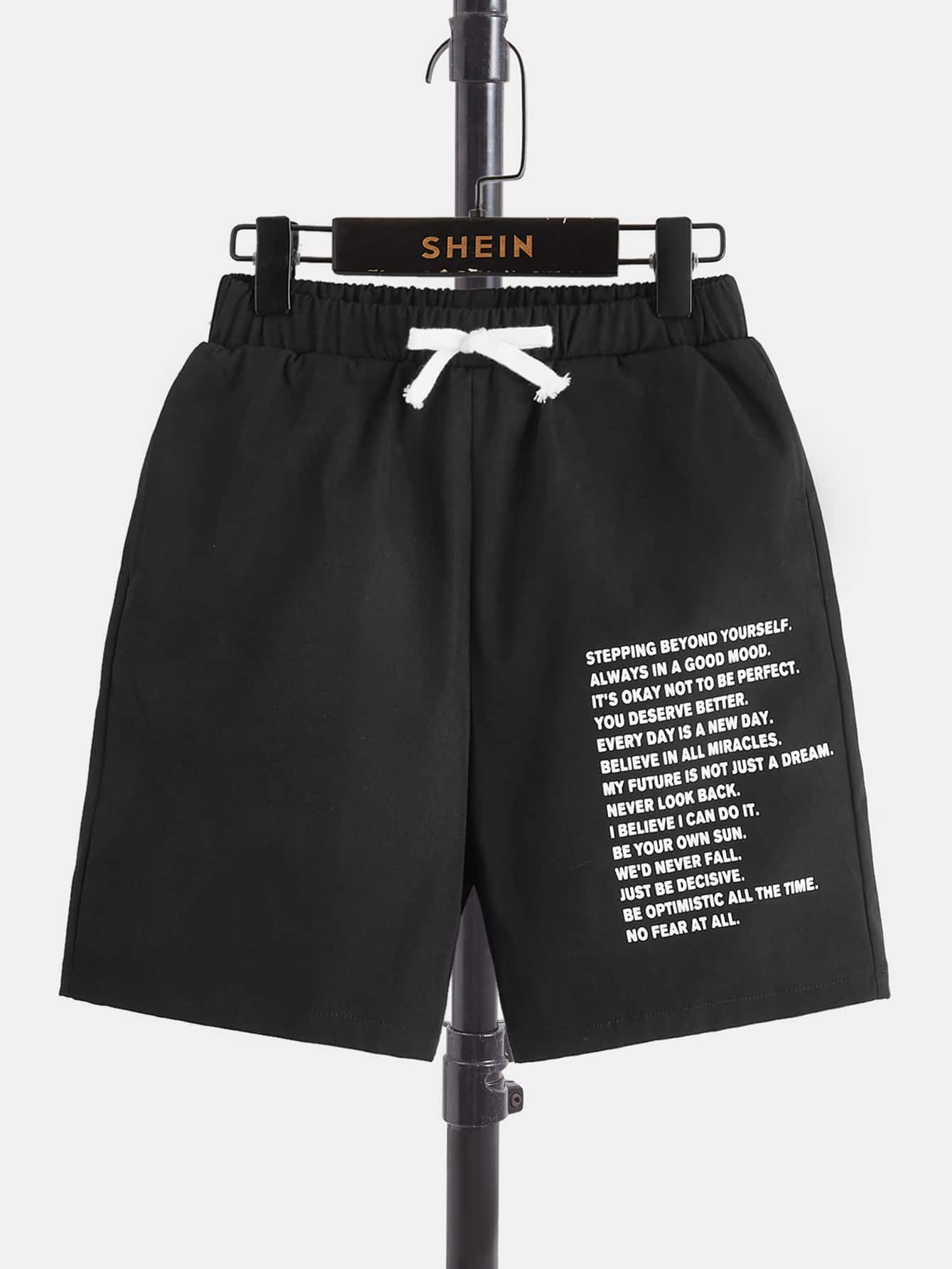 SHEIN Quần Short Trai Dây kéo Túi Slogan Giải trí - màu đen - Xem 1