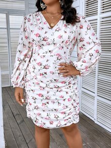 SHEIN LUNE Vestido ajustado con estampado floral fruncido de manga farol fruncido - Multicolor - Ver 4