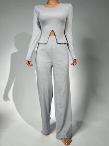 Solid Split Hem Tee & Wide Leg Trousers Lounge Set - Light Grey - View 5