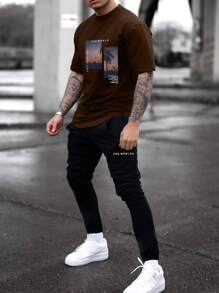 Manfinity Homme Men Coconut Tree & Slogan Graphic Tee & Drawstring Waist Sweatpants - Multicolor - View 1