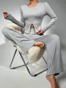 Solid Split Hem Tee & Wide Leg Trousers Lounge Set - Light Grey - View 1