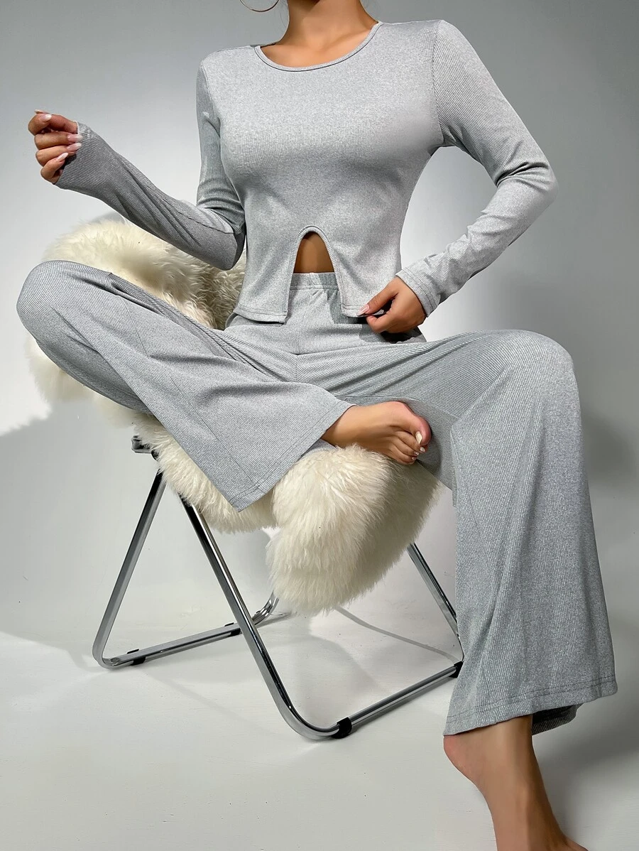 Solid Split Hem Tee & Wide Leg Trousers Lounge Set - Light Grey - View 1