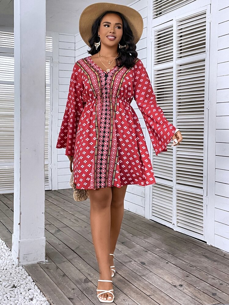 SHEIN Holidaya 大碼幾何印花喇叭袖連衣裙 - 彩色 - 查看 6