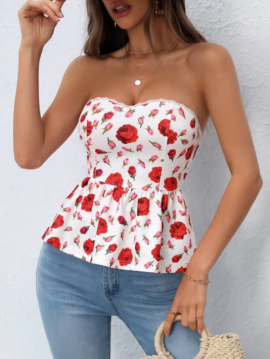 SHEIN VCAY 印花荷葉邊下擺抹胸上衣 - 白色 - 查看 1