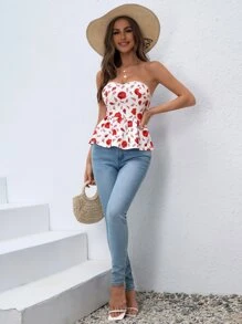 SHEIN VCAY 印花荷葉邊下擺抹胸上衣 - 白色 - 查看 6