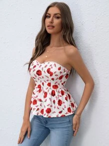 SHEIN VCAY 印花荷葉邊下擺抹胸上衣 - 白色 - 查看 3