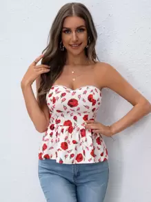 SHEIN VCAY 印花荷葉邊下擺抹胸上衣 - 白色 - 查看 4