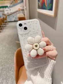 Clear Phone Case With Floral Stand-Out Phone Grip - Beige - View 2
