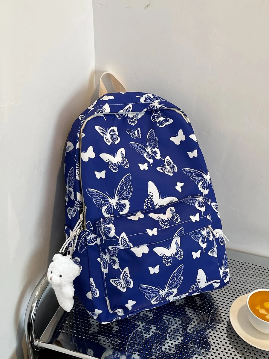 Mochila funcional con estampado de mariposa con accesorio de bolso - Azul - Ver 1