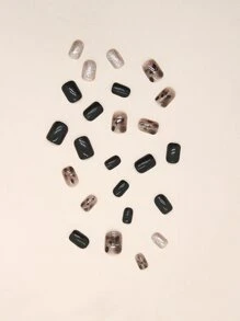 24入組短款方形黑色閃粉假指甲及1pc指甲檔及1張膠帶壓光指甲，甲品供應，令您裝扮更加迷人 - 彩色 - 查看 4