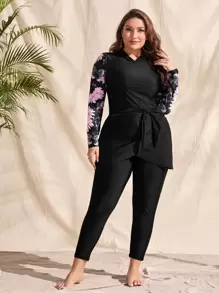 Mulvari Plus Size Floral Print Tie Front Full Body Rashguard Summer Beach - Black - View 1